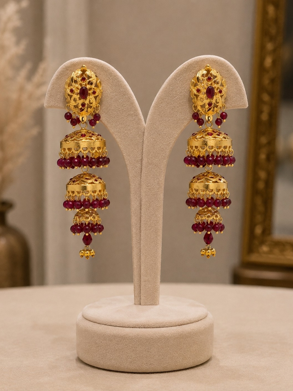 Traditional Gold-Tone Multi-Layer Necklace Set with Red Accents - Picture 2 of 16